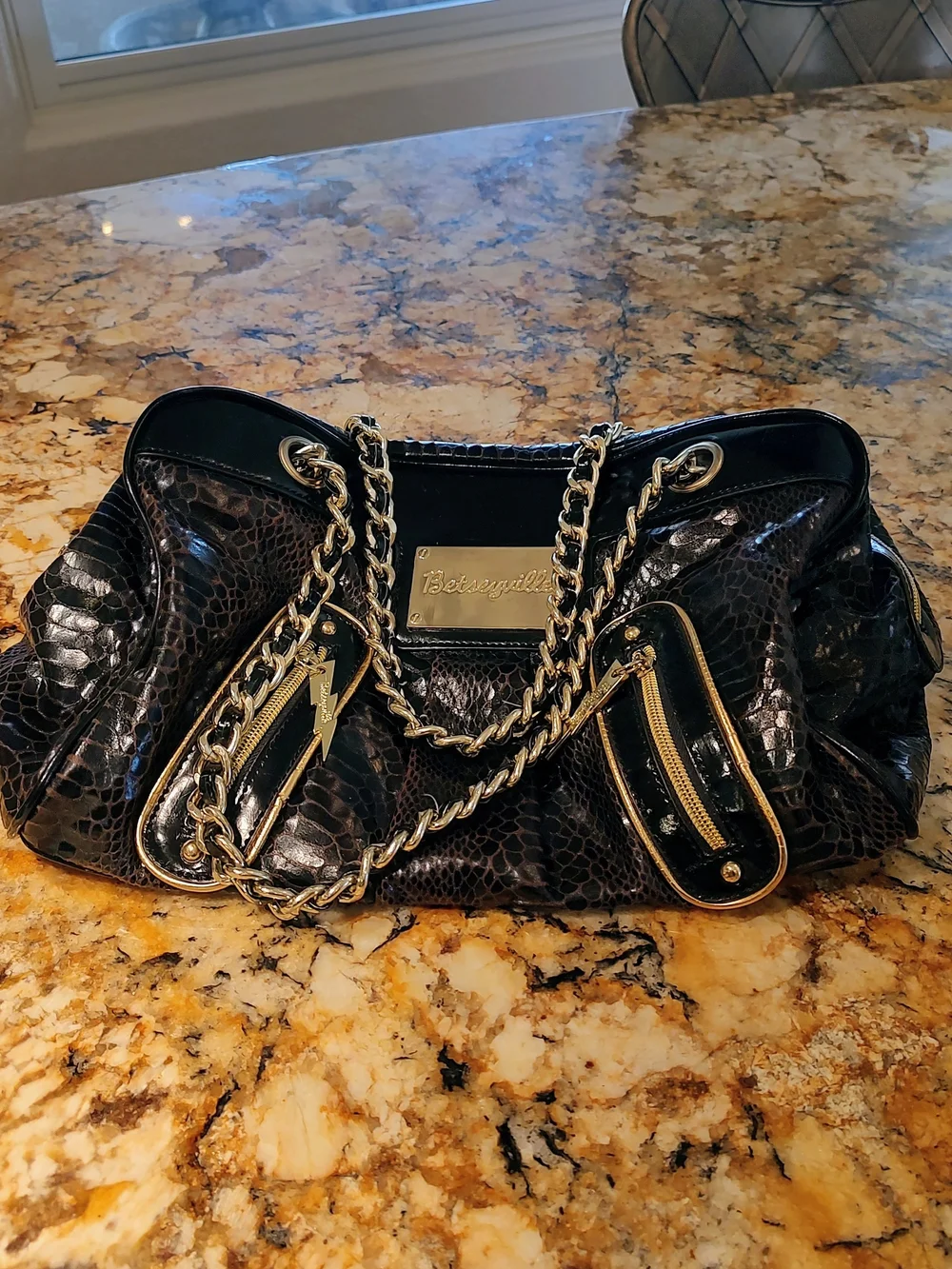 Betsey Johnson Brown and Black Snake-Print Chain Shoulder Bag with Gold Hardware
